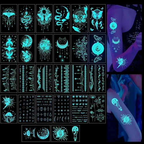 Tatuaje temporal bohemio místico – 26 hojas de tatuajes temporales de mariposa que brillan en la oscuridad para mujeres adultas, calcomanías de