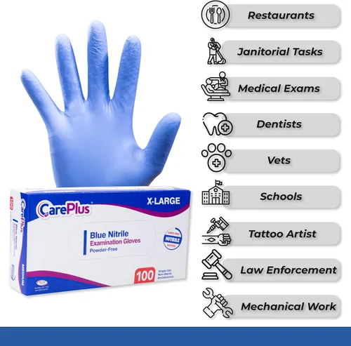 Miniatura 8 de CARE PLUS Guantes de nitrilo para uso médico, sin polvo ni látex, negro/azul, S, M, L, XL - 100, 200, 1000