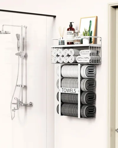 Miniatura 3 de Toalleros para baño montados en la pared - Juego de portotoallas de pared para baño sobre almacenamiento del inodoro, organizador de estante