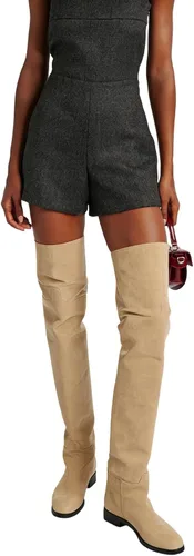 Miniatura 3 de YDN Botas planas de pantorrilla ancha para mujer, con puntera redonda, por encima de la rodilla, con tacón bajo, botas altas hasta el muslo, zapatos