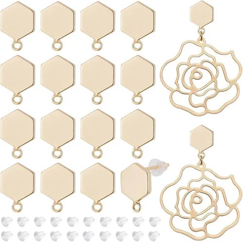 Miniatura 7 de BENECREAT 12 piezas de aretes de latón chapado en oro de 14 quilates de 0.031 in, con bucles horizontales y 30 tuercas de plástico para Perno de cubo