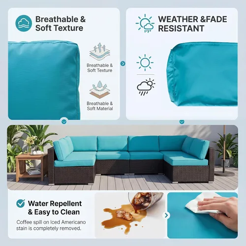 Miniatura 7 de KINTNESS Fundas de cojín de repuesto para sofá modular de ratán de 7 piezas, 14 fundas impermeables para cojines de patio con cremallera (azul)