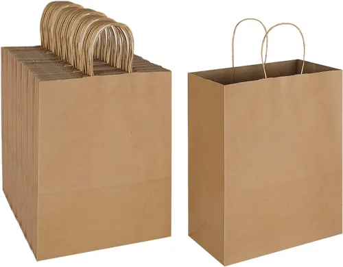 Oikss Paquete de 100 Bolsas de Papel Kraft Marrón Natural Liso de 10x5x13 con Asas al Por Mayor para Favores de Fiestas de Cumpleaños Comestibles