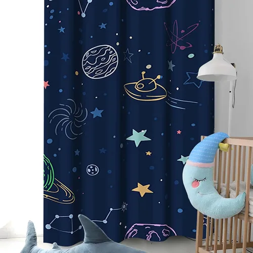 Miniatura 3 de Cortina opaca con diseño de dibujos animados para niños, diseño de luna, estrellas, planetas, cortinas de oscurecimiento con ojales inoxidables Azul