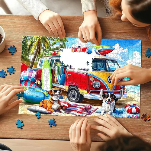 Miniatura 6 de Rompecabezas de 1000 piezas para adultos, camioneta de playa de verano con tema de perros, 27.56 x 19.69 pulgadas, alivio del estrés y decoración
