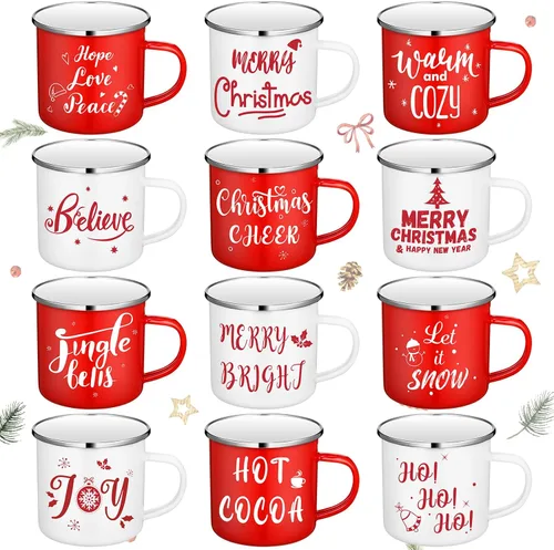 Juego de 12 tazas de café de Navidad, tazas de esmalte blanco y rojo de 12 oz, tazas novedosas divertidas para las fiestas, para mujeres, hombres,