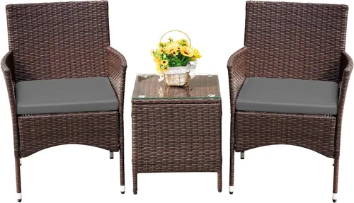 Devoko Juego de Muebles de Porche de Patio de 3 Piezas Sillas de Mimbre de Ratán PE con Mesa Juegos de Muebles de Jardín para Exteriores Marrón/Gris