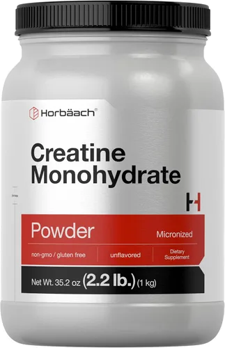 Horbäach Monohidrato de creatina en polvo | 2.2 libras (35.2 onzas) | Micronizado y sin sabor | Suplemento vegetariano, sin OMG y sin gluten