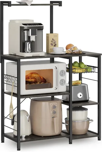 VASAGLE Estante para panadero, soporte para microondas, estante de almacenamiento de cocina con cesta de alambre, 6 ganchos y estantes, para