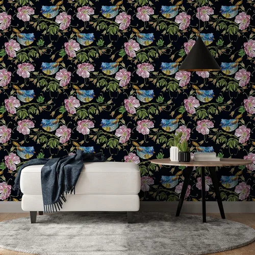 Miniatura 4 de CHIHUT Papel tapiz bordado de 17.7 x 100 pulgadas, diseño floral de pájaro, color negro, rosa, flores silvestres, azul, Wren, papel tapiz
