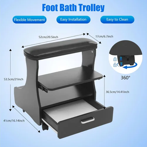 Miniatura 2 de Carrito de pedicura con 4 ruedas con frenos, carrito portátil de spa con cajón práctico, soporte de baño de pies de pedicura, reposapiés de pedicura