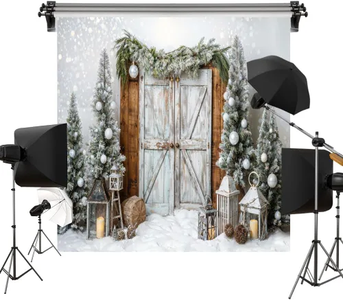 Kate Telón de fondo nevado para puerta de granero de Navidad de 6.5 x 6.5 pies (6.6 x 6.6 ft), diseño de árbol de Navidad, fondo de tela impresa