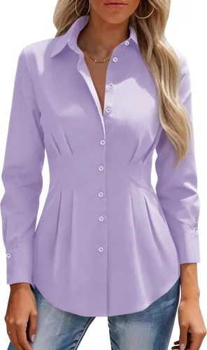 Miniatura 10 de siliteelon Camisas con botones para mujer, cintura ceñida, camisa de vestir de algodón de manga larga para negocios, casual, trabajo, oficina