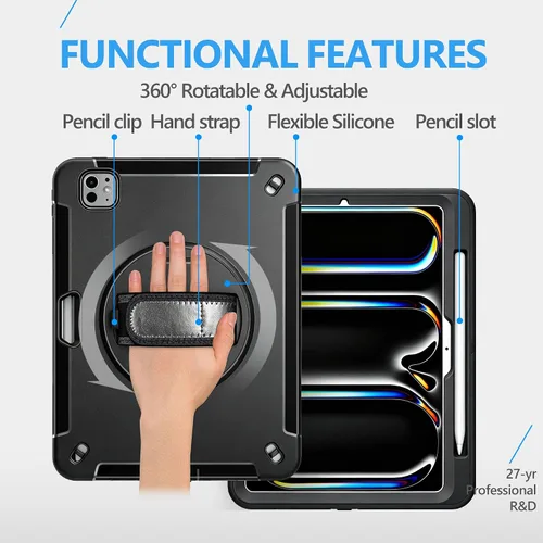 Miniatura 4 de Funda para iPad Pro 11 M5 2025/M4 2024: Funda protectora para iPad Pro de 11 pulgadas 5ª generación con protector de pantalla, soporte, asa y correa