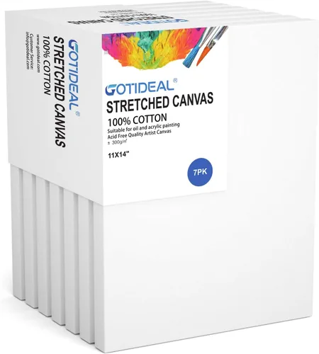 GOTIDEAL Lienzo estirado, 11 x 14 pulgadas, juego de 7 unidades, blanco imprimado, 100% algodón, para pintar, verter acrílico, pintura al óleo,