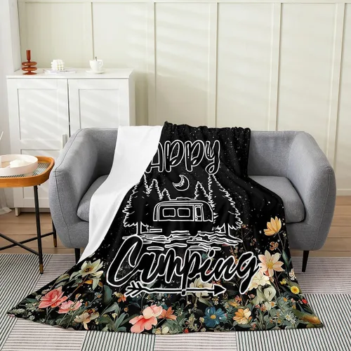 Miniatura 16 de jejeloiu Manta de cama de campamento para todas las estaciones, manta de franela de vellón con temática de campamento feliz, manta peluda de madera