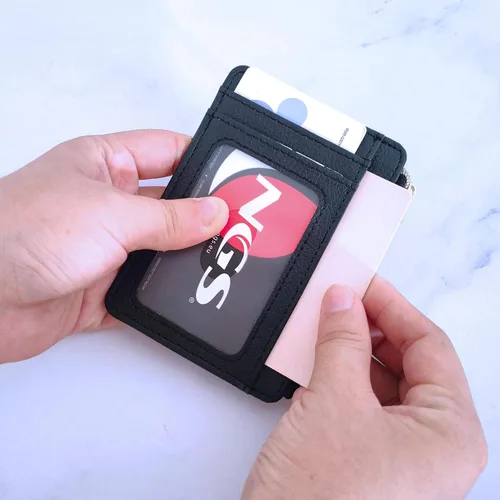 Miniatura 5 de CATCH ON Cartera pequeña para mujeres y hombres, delgada y minimalista de piel sintética, bolsillo frontal, tarjetero con bolsillo con cremallera