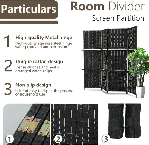 Miniatura 3 de Divisor de habitación de 4 paneles, divisor de pantalla de madera plegable, separador de partición de madera con estantes de almacenamiento