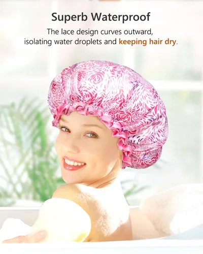 Miniatura 5 de mikimini Gorro de ducha grande para mujer, cabello largo, 1 paquete, diseño romántico de pétalos, doble capa impermeable, reutilizable, lavable