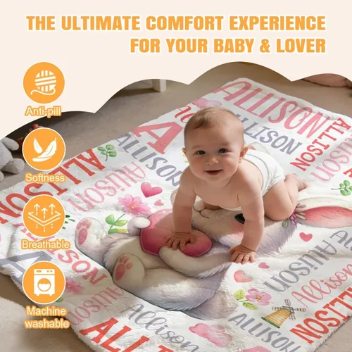 Miniatura 3 de Manta de bebé personalizada de conejo, regalos personalizados de conejito para niños y niñas, ultra suave, afelpada, acogedora y transpirable, manta