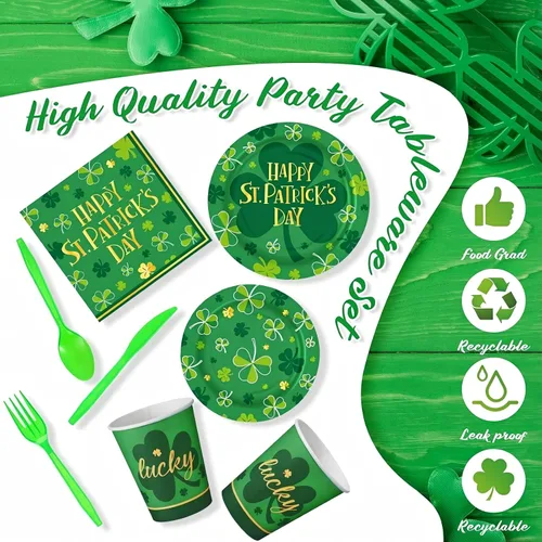 Miniatura 3 de 210 piezas de suministros para fiesta del Día de San Patricio, platos, servilletas, vasos, trébol irlandés, fiesta, desechables, platos de postre