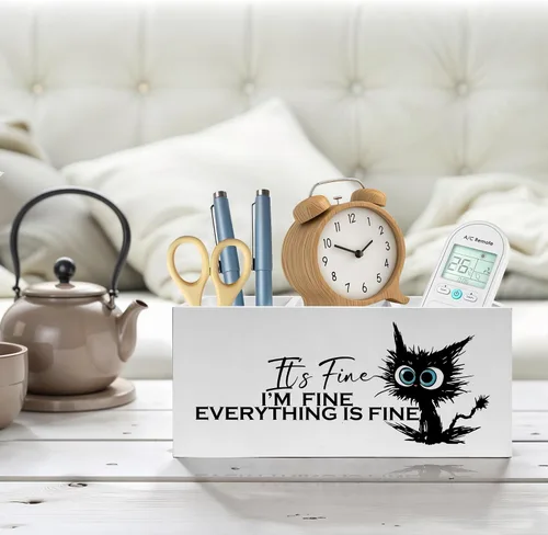 Miniatura 3 de Divertido soporte para lápices de gato negro para escritorio, I'm Fine Everything Is Fine - Organizador de lápices de madera para accesorios