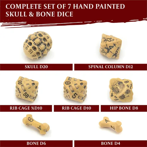 Miniatura 4 de Juego de dados DND - Juego de 7 dados poliédricos de cráneo y hueso para RPG - D20, D12, D10, D10, D8, D6 y D4 lados. Regalo genial y único