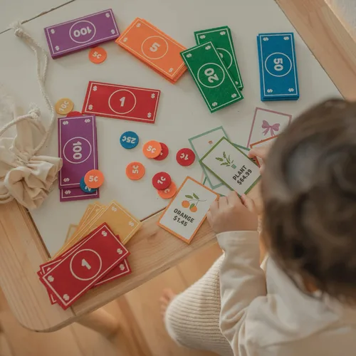 Miniatura 7 de Good Ground Juego de simulación para niños de fieltro educativo Montessori juguete dólares billetes monedas, billetera, juego de conteo para niños