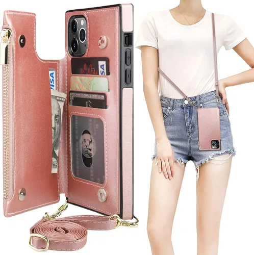 Bocasal Funda tipo cartera cruzada para iPhone 11 Pro Max con tarjetero, protector de ranura para tarjetas con cremallera, a prueba de golpes, con