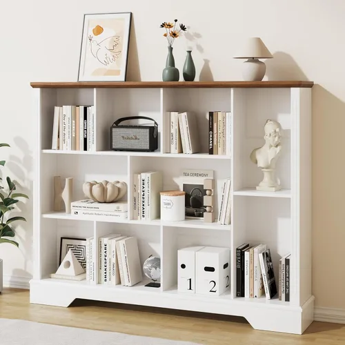 Estantería de almacenamiento de 10 cubos, moderno organizador de almacenamiento de madera de 3 niveles, estantería abierta con base para sala de