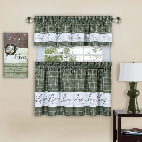 Miniatura 17 de Juego de cortinas con cenefa y volante para ventana - 58 pulgadas de ancho, 36 pulgadas de largo - Vive, Ama, Rie (Amarillo) - Cortinas de filtrado