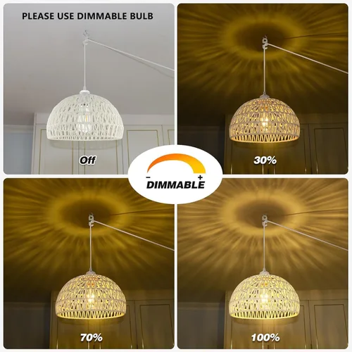 Miniatura 4 de SLYYMY Lámpara colgante enchufable, cable de cuerda de cáñamo de 15 pies, luces colgantes con cable de enchufe, lámpara colgante de ratán, pantalla