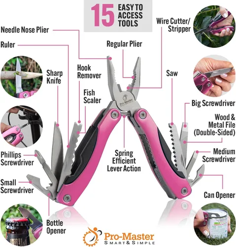 Miniatura 2 de Multiherramienta Rosa 15-en-1 para Mamá, Esposa, Hija, Abuela, Alicates de Multiherramienta EDC Práctica, Cuchillo de Bolsillo con Bloqueo