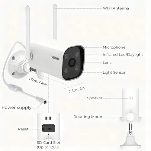 Miniatura 7 de EVERSECU Cámara bala PTZ WiFi 2K, exterior/interior, panorámica/inclinación, audio de 2 vías, visión nocturna, detección de movimiento, seguimiento