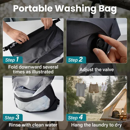 Miniatura 7 de Bolsa de lavado de viaje, diseño de válvula de aire 2 en 1 para lavado separado y menos uso de agua, bolsa de lavado portátil de viaje para camping
