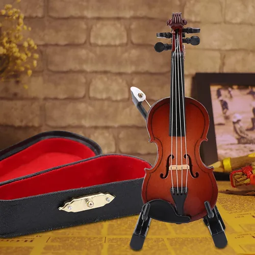 Miniatura 5 de HERCHR Violín en miniatura de madera, violonchelo en miniatura con soporte, mini instrumento musical, modelo de casa de muñecas en miniatura