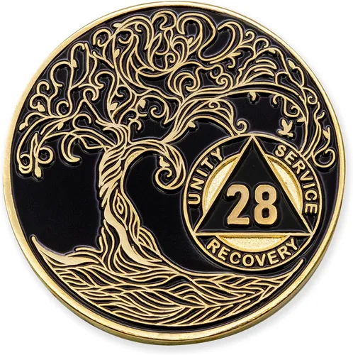 Miniatura 127 de 20 Year Sobriety Mint Twisted Tree of Life - Medallón de recuperación AA chapado en oro, fichas y fichas, color negro