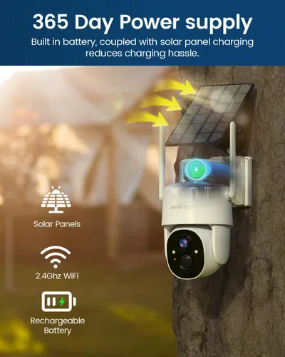Miniatura 6 de Cámaras de seguridad solar Armorcope inalámbricas para exteriores, vista de 360°, alimentadas por batería con foco, visión nocturna a color, WiFi 2K