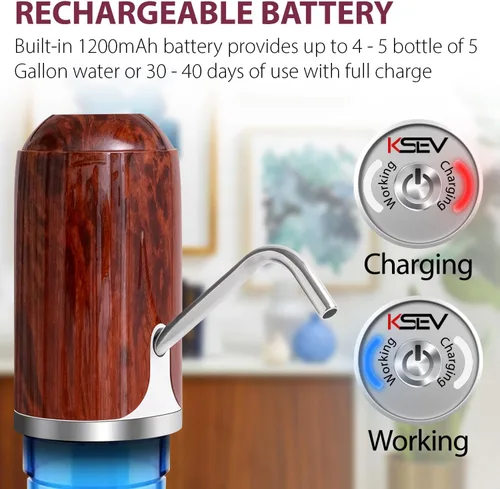 Miniatura 3 de Dispensador de agua eléctrico recargable para botellas de 2, 3, 4, 5 galones, diseño de madera elegante, dispensador de agua portátil automático