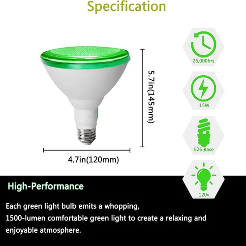 Miniatura 2 de PAR38 Bombillas de luz verde de inundación, luz de inundación LED verde de 15 W, equivalente a 100 W, bombillas verdes para exteriores con base E26