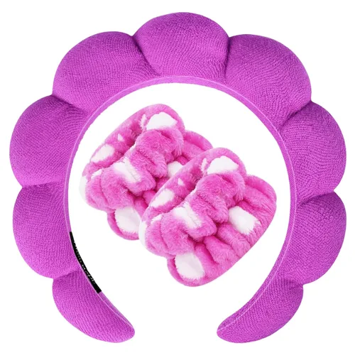 Miniatura 35 de Zkptops Diadema de Spa para Lavar la Cara Muñequera Esponja Maquillaje Cuidado de la Piel Diadema de Tela de Rizo Burbuja Suave Prepárate Diadema