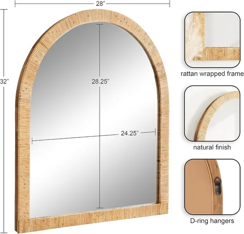 Miniatura 2 de Kate and Laurel Rahfy - Espejo de pared de ratán con arco bohemio, 28 x 32, madera natural, espejo decorativo de madera con marco de ratán auténtico