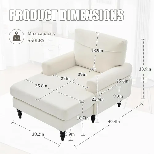 Miniatura 2 de Moderno sofá reclinable individual de tela de chenilla, patas de madera con cómodo respaldo y reposabrazos, bolsillos laterales para sala de estar