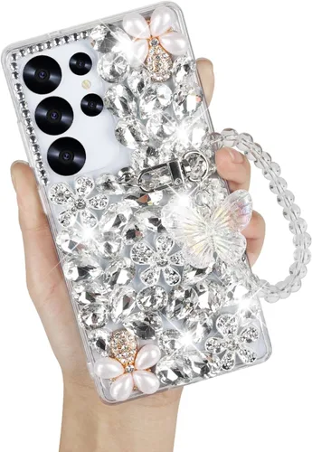 Miniatura 8 de Omio Funda compatible con Samsung Galaxy S22 Ultra Bling con correa de cadena de mano, bonita pulsera de mariposa 3D hecha a mano con purpurina