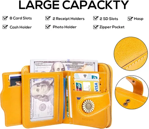 Miniatura 2 de INSIFEEL Billetera pequeña para mujer, bolso compacto de cuero con bloqueo RFID RFID para mujer, Amarillo, Retro
