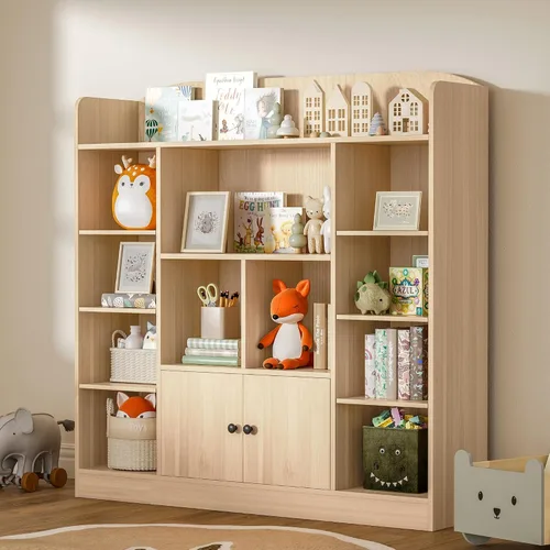 Miniatura 17 de DIYART Estantería negra para niños, estantería para niños con 7 cubos y 2 gabinetes, estantes independientes de almacenamiento para dormitorio, sala
