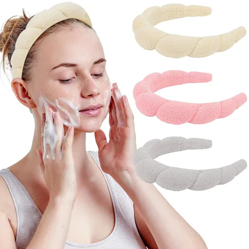 Miniatura 10 de WHAVEL Paquete de 3 diademas de spa para el cuidado de la piel, diadema de maquillaje, diadema de esponja de tela de rizo, diadema de lavado facial