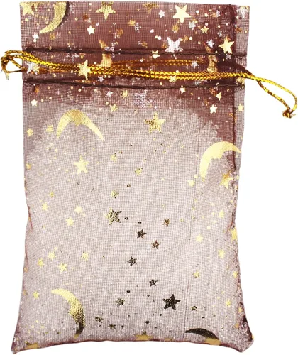 Miniatura 14 de QIANHAILIZZ - 100 bolsas de organza con diseño de estrellas y lunas para joyas, para regalo de caramelos, regalo de matrimonio, con cordón