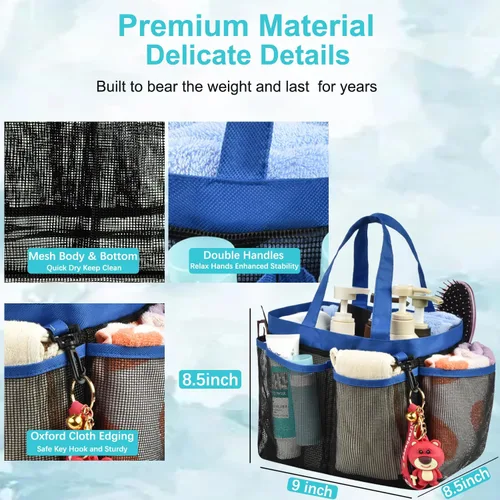Miniatura 5 de Haundry – Neceser de malla para ducha, bolsa portátil grande para dormitorio universitario con gancho para llaves y 2 asas Oxford, con 8 bolsillos