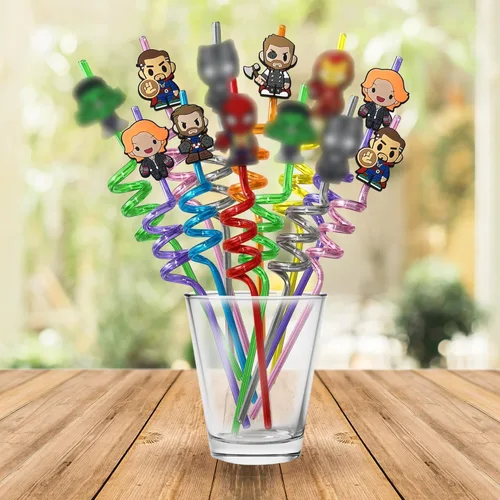 Miniatura 2 de 32 popotes de superhéroes para recuerdos de fiesta, popotes reutilizables con 8 diseños, 36 calcomanías + 2 cepillos. Perfecto para suministros